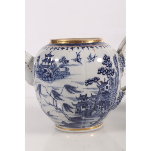 207 - Late 18thC porcelain blue and white willow pattern teapot, a modern pottery blue and white duck vase... 