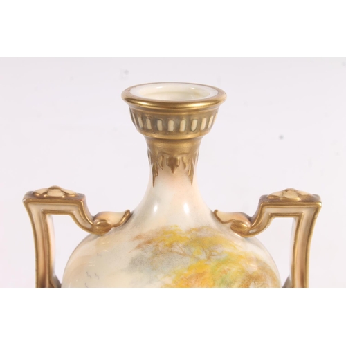 225 - Royal Worcester porcelain urn painted with peacock design, signed by Sedgley, H22cm.