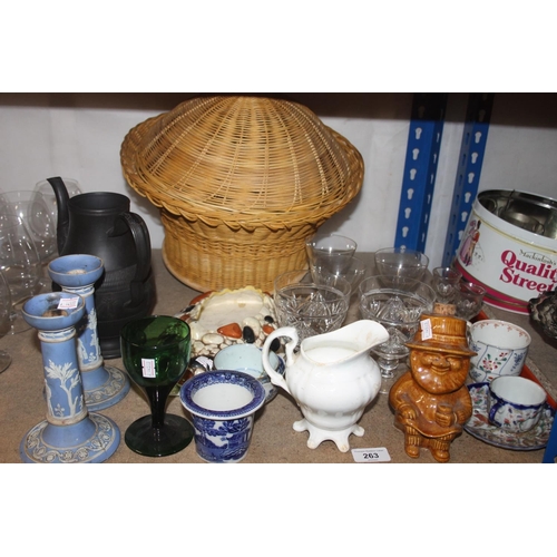 263 - Decorative ceramics to include Wedgwood Jasperware candlesticks, glassware, etc.