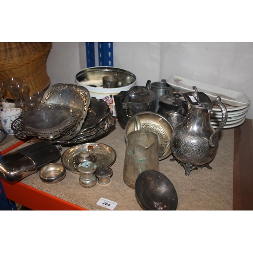 264 - Silver plated ware, coins, hip flask, etc.