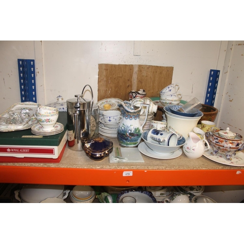274 - Shelf containing decorative ceramics to include teaware, Masons blue and white tureen, etc.