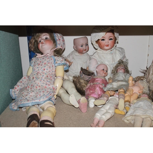 275 - Shelf containing antique ceramic dolls to include German stamp, etc.