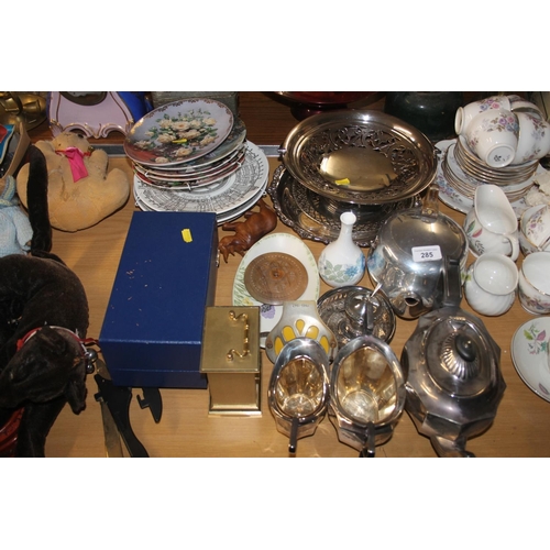 285 - Silver plated three piece teaset, AA car badge, collectors plates, etc.