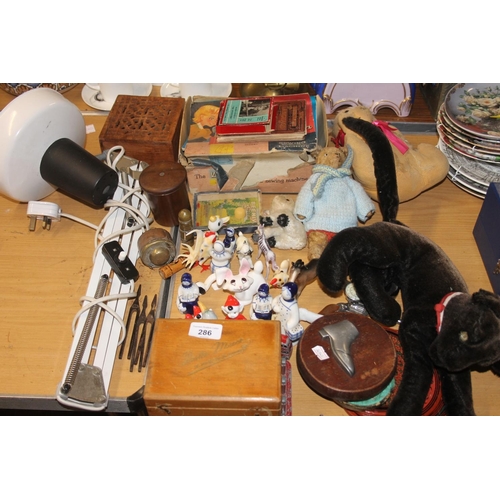286 - Vulcan childs sewing machine, vintage soft toys, small ceramic animal models, etc.