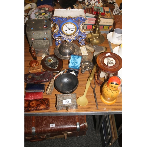 292 - Mixed items to include French Rococo style porcelain mantle clock (chipped), Arts & Crafts style... 
