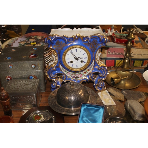 292 - Mixed items to include French Rococo style porcelain mantle clock (chipped), Arts & Crafts style... 