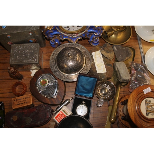 292 - Mixed items to include French Rococo style porcelain mantle clock (chipped), Arts & Crafts style... 