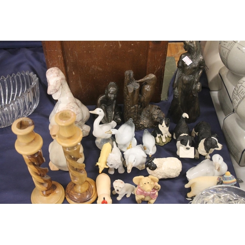 79 - Pair of treen candlesticks, duck models, cold cast resin bronzed models, etc.