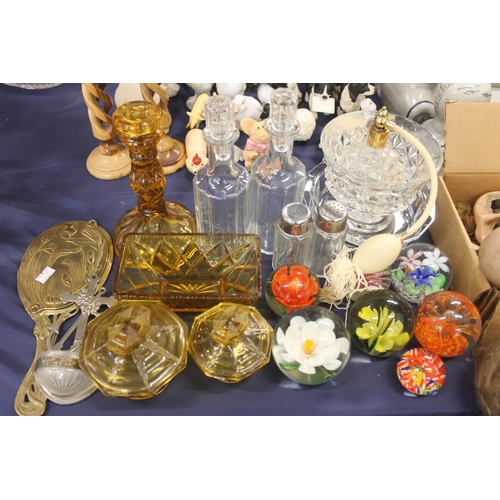 80 - Glass paperweights, dressing table items, an Art Nouveau style mirror, etc.