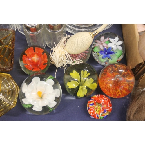 80 - Glass paperweights, dressing table items, an Art Nouveau style mirror, etc.