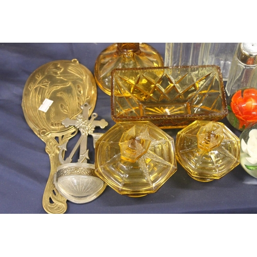 80 - Glass paperweights, dressing table items, an Art Nouveau style mirror, etc.