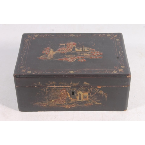 84 - Black lacquer double-sided tea caddy with chinoiserie scenes.