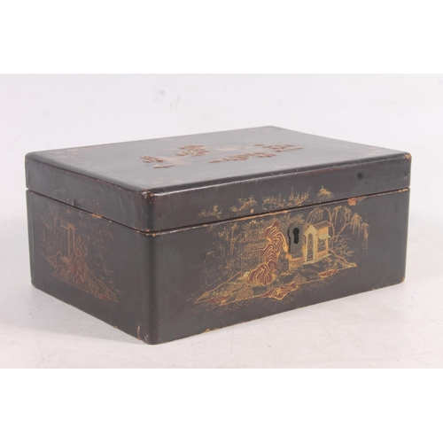 84 - Black lacquer double-sided tea caddy with chinoiserie scenes.