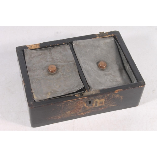 84 - Black lacquer double-sided tea caddy with chinoiserie scenes.