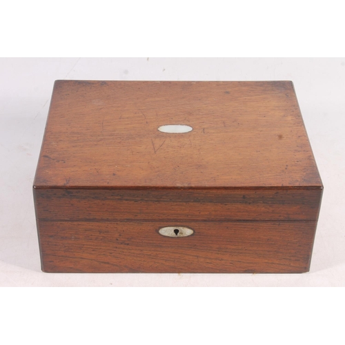 87 - 19th century wooden work box with mother-of-pearl inlay, 29cm wide.