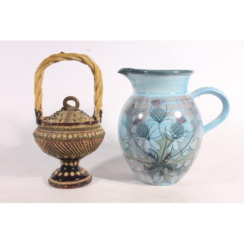 8A - Scottish Tain pottery thistle jug, a handmade pottery dish in the form of a flower head and a potter... 