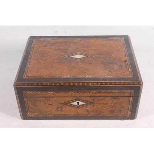 95 - Victorian walnut and boxwood inlay workbox, 30cm wide.