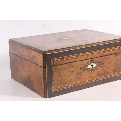 95 - Victorian walnut and boxwood inlay workbox, 30cm wide.