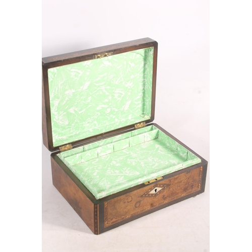 95 - Victorian walnut and boxwood inlay workbox, 30cm wide.