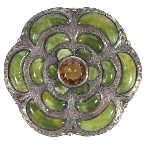 Large Scottish white metal Connemara marble and faceted citrine set brooch.