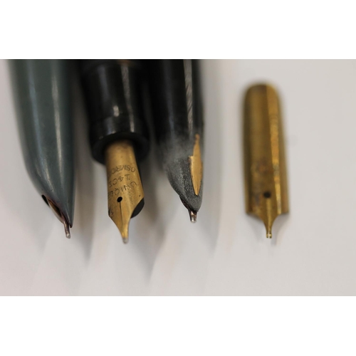 230 - Vintage enamel bowling and other badges, Parker Pens and a 'Unique' marbled fountain pen (qty)