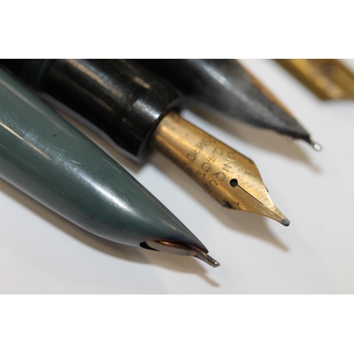 230 - Vintage enamel bowling and other badges, Parker Pens and a 'Unique' marbled fountain pen (qty)