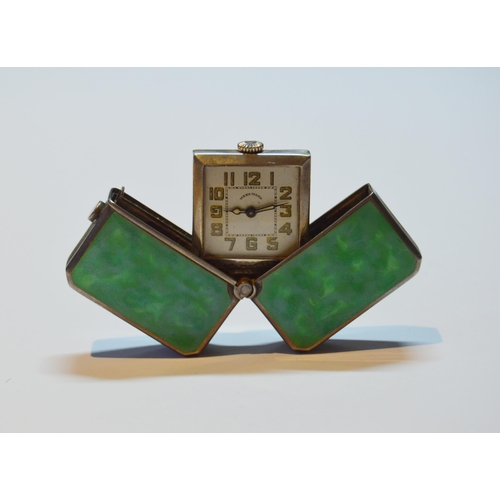 176 - Art Deco silver-cased pocket travel clock by Mersmann, stamped '0.935 Breveté' to reverse, square di... 