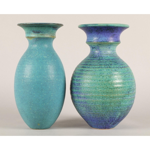 205 - Studio pottery turquoise glazed baluster vase and another similar, both with makers mark 'Aa' (2)