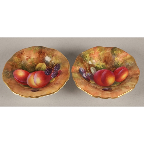 209 - Pair of hand painted Royal Worcester fruit decorated trinket dishes, signed by artists A. Shuck and ... 