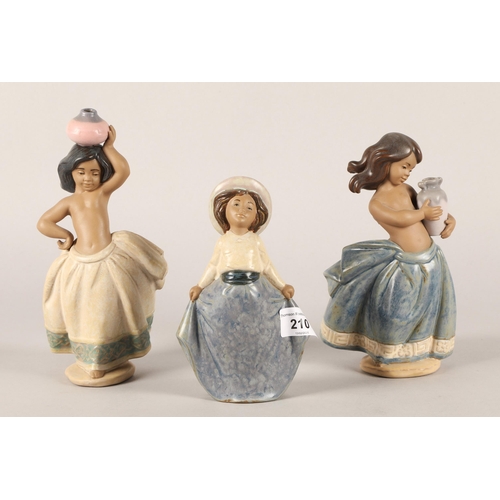 210 - Two Lladro girls with pots and a similar Nao girl(3)