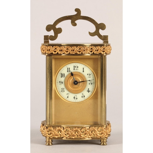 215 - French four glass brass cased carriage clock with visible escapement. 12cm