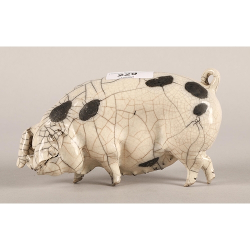 229 - Studio ceramic raku fired Gloucester spotted pig, signed indistinctly to base and dated 2002, approx... 