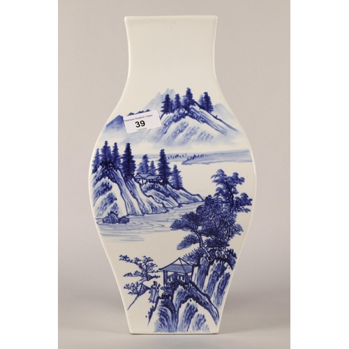 39 - Chinese square section blue and white vase with landscape and character decoration 35cm.