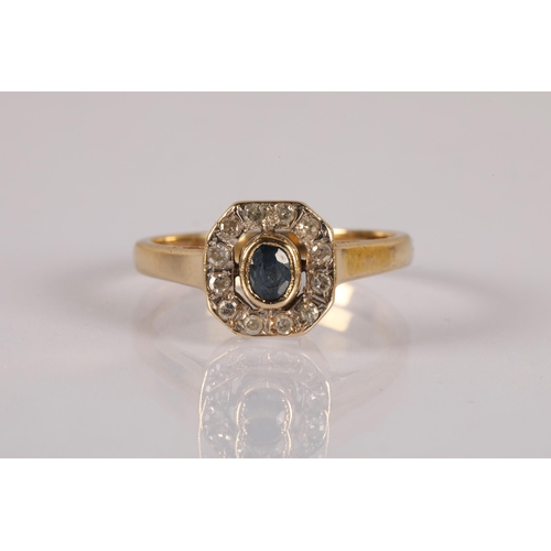 50 - 9ct gold ring set with a central topaz blue stone surrounded by diamonds, ring size K, 2.1g