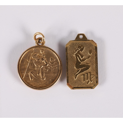 51 - Two 9ct gold pendants Virgo and St Christopher, gross weight 3.3g