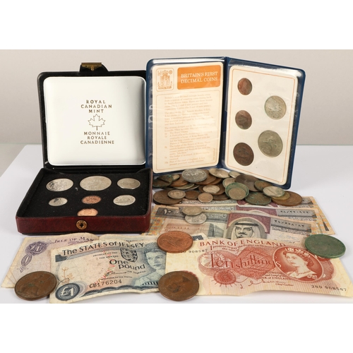 58 - Mixed coins and notes to include Britain's First Decimal Coins, Canada 1975 coins, other world coins... 