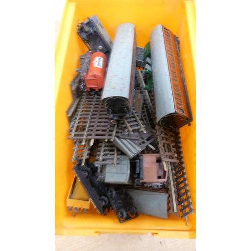 14 - Three boxes containing assorted rolling stock, track etc.