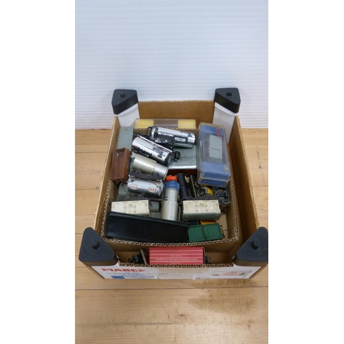 14 - Three boxes containing assorted rolling stock, track etc.