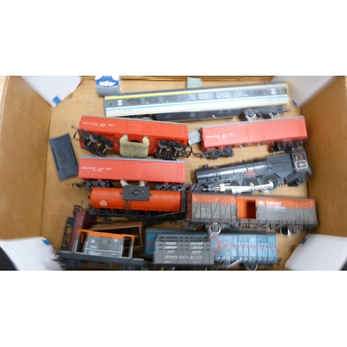 14 - Three boxes containing assorted rolling stock, track etc.