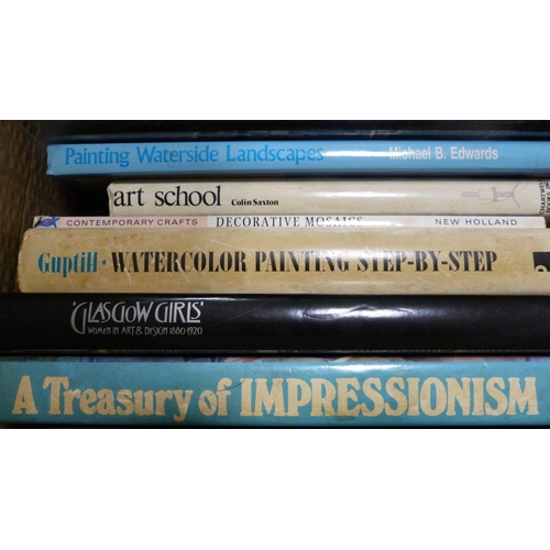 34 - Carton containing collectors' books on watercolours and painting to include Glasgow Girls, Raeburn, ... 