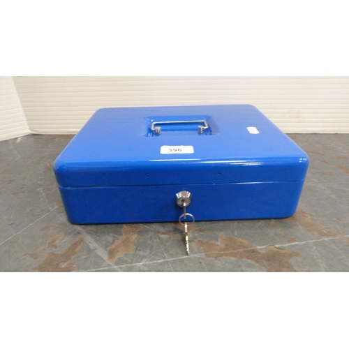 396 - Painted blue metal cash box with key.