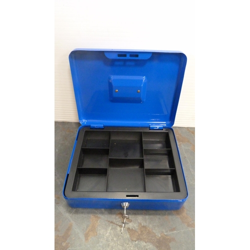 396 - Painted blue metal cash box with key.