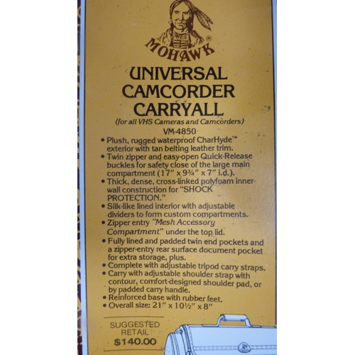 60 - Carton containing camera equipment to include a VHS camera, Viewmaster, Canon camcorder, Hanimex cam... 