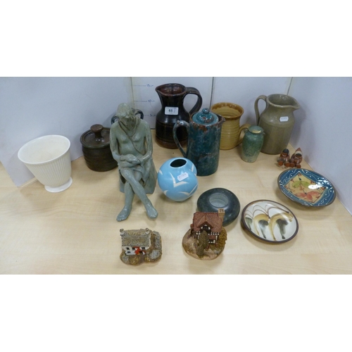 65 - Collection of studio pottery jugs, dishes and ornaments, a contemporary glazed figure, Lilliput Lane... 