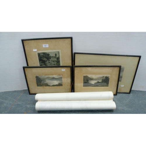 71 - Group of antique and other prints and photographs, printed scroll picture of Northwind etc.