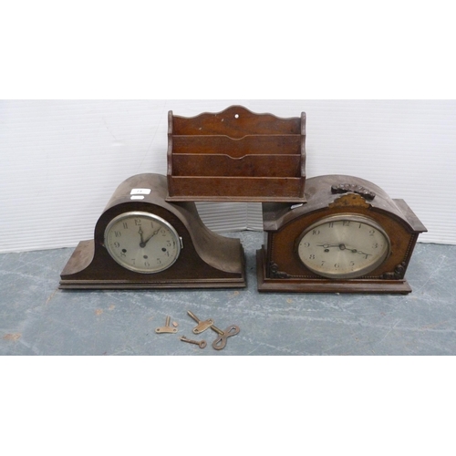 73 - Oak-cased Westminster chime mantel clock, another mantel clock and a letter rack.  (3)