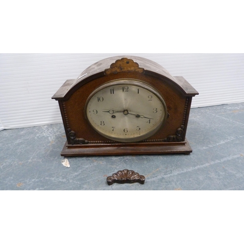 73 - Oak-cased Westminster chime mantel clock, another mantel clock and a letter rack.  (3)