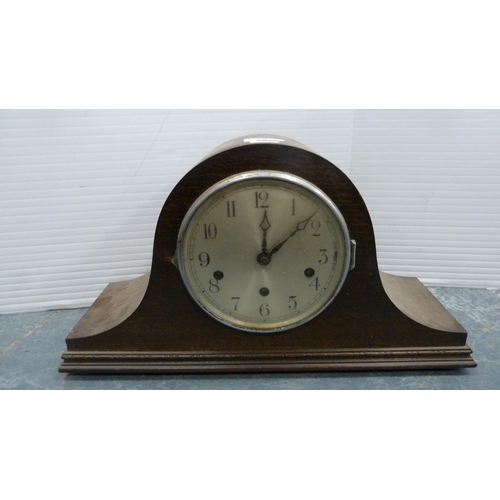 73 - Oak-cased Westminster chime mantel clock, another mantel clock and a letter rack.  (3)