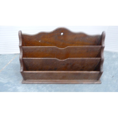 73 - Oak-cased Westminster chime mantel clock, another mantel clock and a letter rack.  (3)