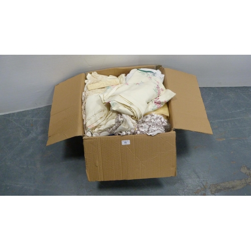 75 - Carton containing various linens and napery.